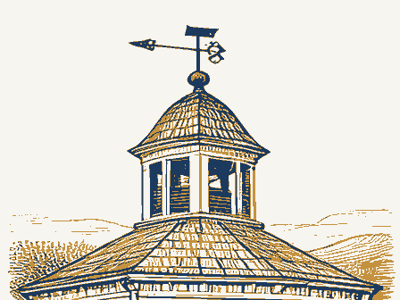 Decorative drawing: a wrought-iron weathervane on a cupola roof. Not a photograph of this place.