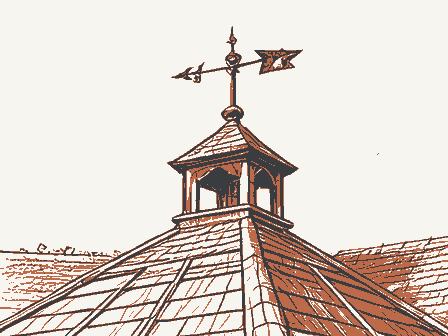 Decorative drawing: a wrought-iron weathervane on a cupola roof. Not a photograph of this place.
