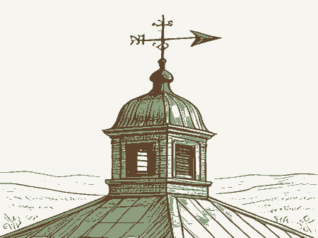 Decorative drawing: a wrought-iron weathervane on a cupola roof. Not a photograph of this place.