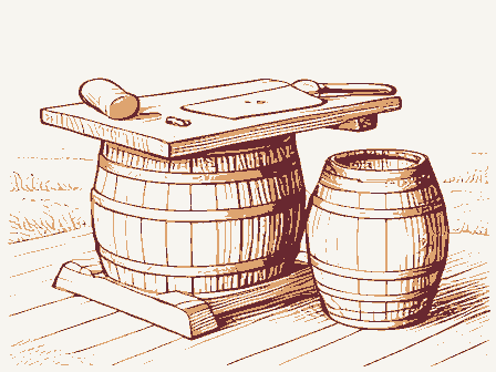 Decorative drawing: a cooper's workbench. Not a photograph of this place.