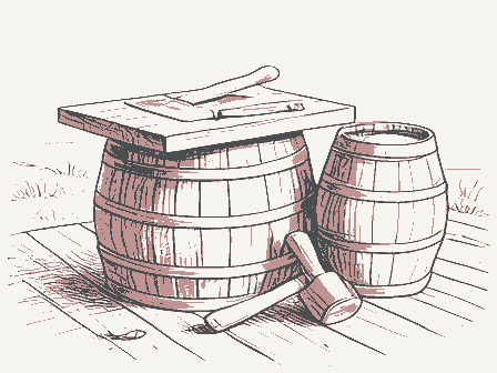 Decorative drawing: a cooper's workbench. Not a photograph of this place.