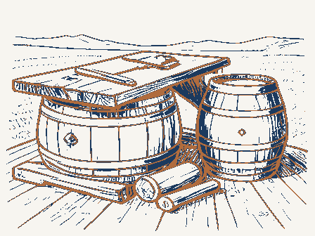 Decorative drawing: a cooper's workbench. Not a photograph of this place.