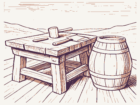 Decorative drawing: a cooper's workbench. Not a photograph of this place.