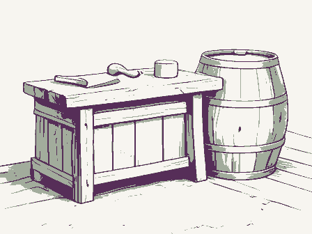 Decorative drawing: a cooper's workbench. Not a photograph of this place.