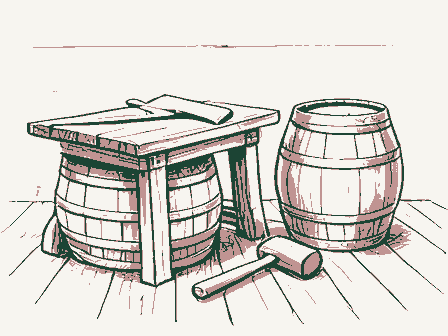 Decorative drawing: a cooper's workbench. Not a photograph of this place.