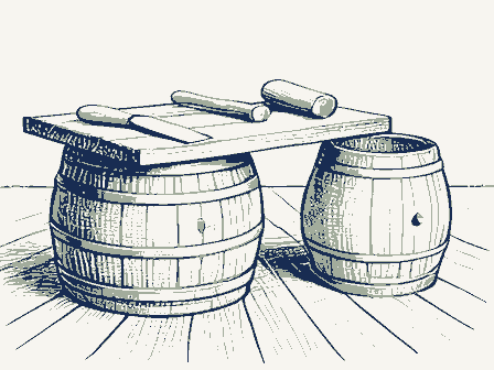 Decorative drawing: a cooper's workbench. Not a photograph of this place.