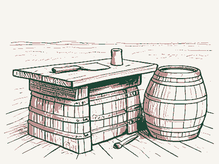 Decorative drawing: a cooper's workbench. Not a photograph of this place.