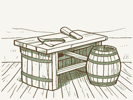 Decorative drawing: a cooper's workbench. Not a photograph of this place.