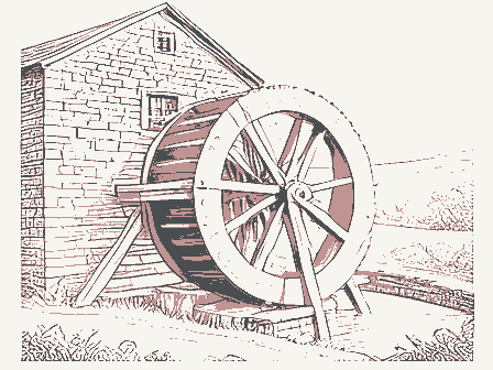 Decorative drawing: an overshot waterwheel turning beside a stone mill with a flume and a millrace. Not a photograph of this place.