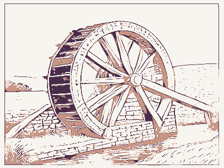 Decorative drawing: an overshot waterwheel turning beside a stone mill with a flume and a millrace. Not a photograph of this place.