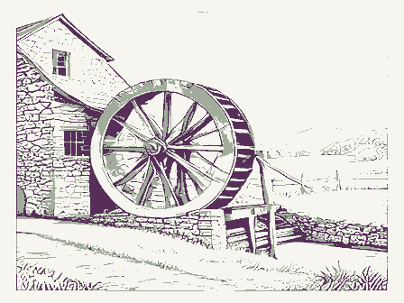 Decorative drawing: an overshot waterwheel turning beside a stone mill with a flume and a millrace. Not a photograph of this place.