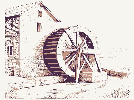 Decorative drawing: an overshot waterwheel turning beside a stone mill with a flume and a millrace. Not a photograph of this place.