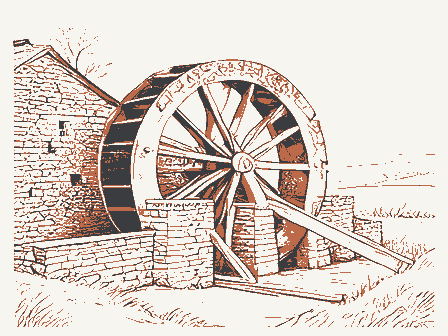 Decorative drawing: an overshot waterwheel turning beside a stone mill with a flume and a millrace. Not a photograph of this place.