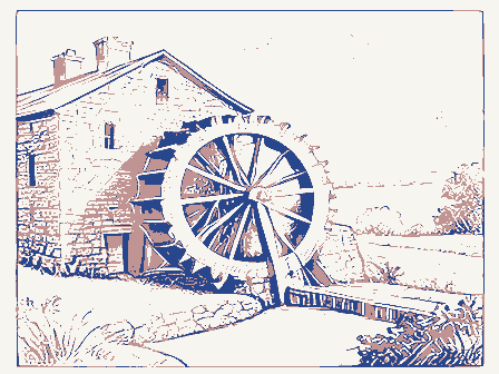 Decorative drawing: an overshot waterwheel turning beside a stone mill with a flume and a millrace. Not a photograph of this place.
