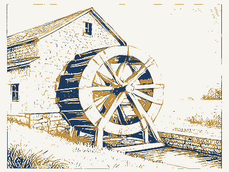Decorative drawing: an overshot waterwheel turning beside a stone mill with a flume and a millrace. Not a photograph of this place.