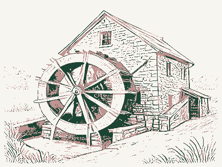 Decorative drawing: an overshot waterwheel turning beside a stone mill with a flume and a millrace. Not a photograph of this place.