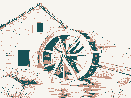 Decorative drawing: an overshot waterwheel turning beside a stone mill with a flume and a millrace. Not a photograph of this place.