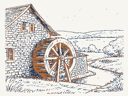 Decorative drawing: an overshot waterwheel turning beside a stone mill with a flume and a millrace. Not a photograph of this place.