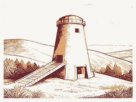 Decorative drawing: a lime kiln built into a hillside with a charging ramp. Not a photograph of this place.