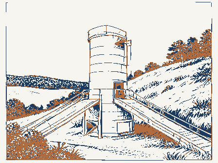 Decorative drawing: a lime kiln built into a hillside with a charging ramp. Not a photograph of this place.