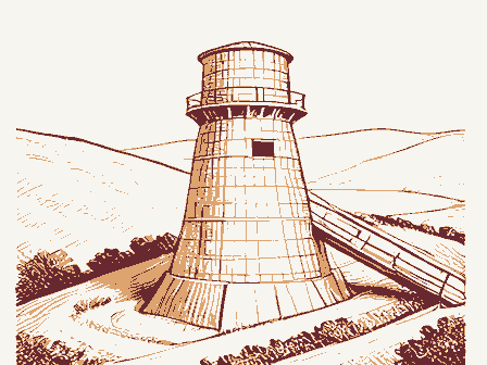 Decorative drawing: a lime kiln built into a hillside with a charging ramp. Not a photograph of this place.