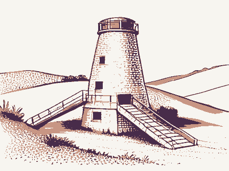 Decorative drawing: a lime kiln built into a hillside with a charging ramp. Not a photograph of this place.