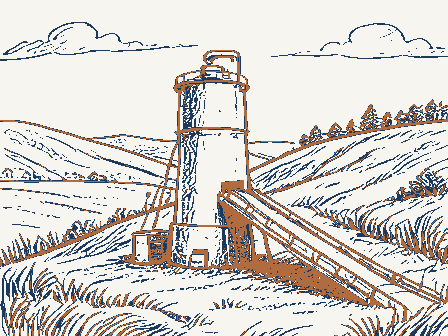 Decorative drawing: a lime kiln built into a hillside with a charging ramp. Not a photograph of this place.