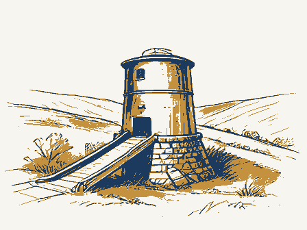 Decorative drawing: a lime kiln built into a hillside with a charging ramp. Not a photograph of this place.