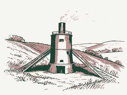 Decorative drawing: a lime kiln built into a hillside with a charging ramp. Not a photograph of this place.