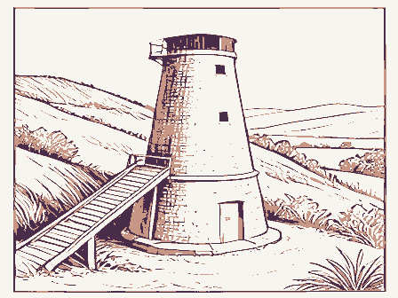 Decorative drawing: a lime kiln built into a hillside with a charging ramp. Not a photograph of this place.