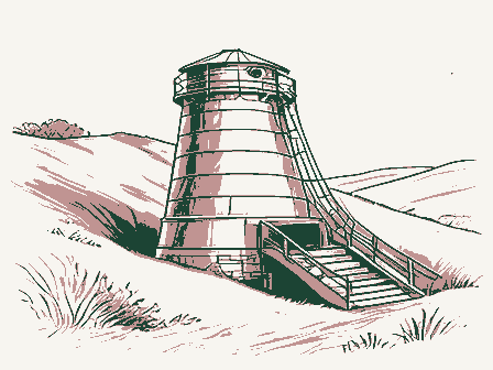 Decorative drawing: a lime kiln built into a hillside with a charging ramp. Not a photograph of this place.