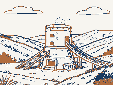 Decorative drawing: a lime kiln built into a hillside with a charging ramp. Not a photograph of this place.