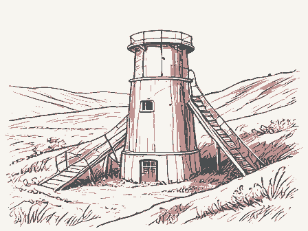 Decorative drawing: a lime kiln built into a hillside with a charging ramp. Not a photograph of this place.