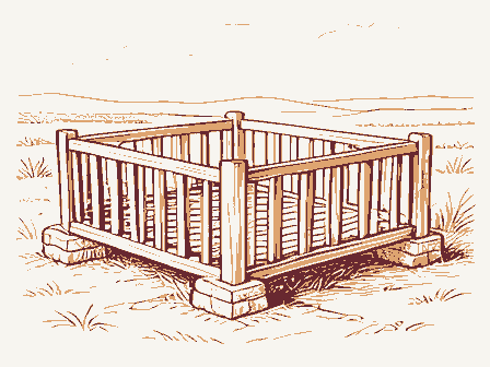 Decorative drawing: a slatted corn crib raised on stone piers. Not a photograph of this place.