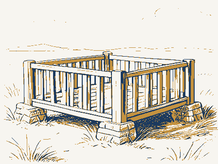 Decorative drawing: a slatted corn crib raised on stone piers. Not a photograph of this place.