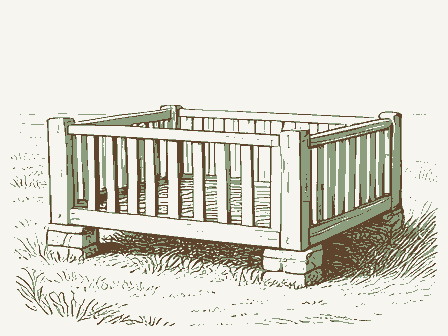 Decorative drawing: a slatted corn crib raised on stone piers. Not a photograph of this place.