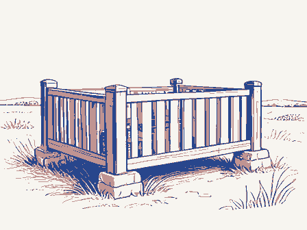 Decorative drawing: a slatted corn crib raised on stone piers. Not a photograph of this place.