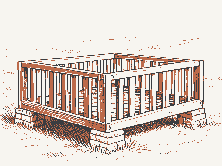 Decorative drawing: a slatted corn crib raised on stone piers. Not a photograph of this place.