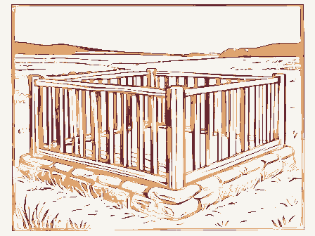 Decorative drawing: a slatted corn crib raised on stone piers. Not a photograph of this place.