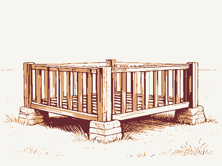 Decorative drawing: a slatted corn crib raised on stone piers. Not a photograph of this place.