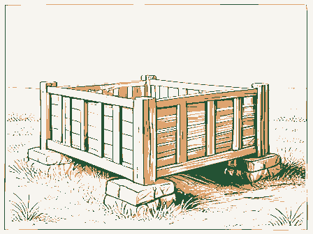 Decorative drawing: a slatted corn crib raised on stone piers. Not a photograph of this place.