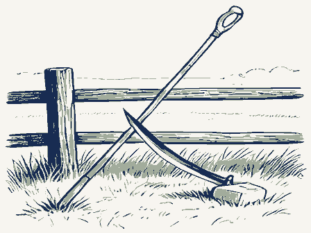 Decorative drawing: a long-bladed scythe with a curved wooden snath and two grips, its blade sweeping low,.... Not a photograph of this place.
