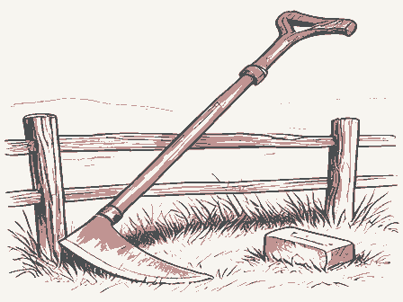 Decorative drawing: a long-bladed scythe with a curved wooden snath and two grips, its blade sweeping low,.... Not a photograph of this place.