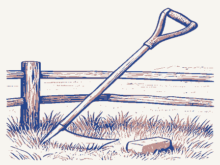 Decorative drawing: a long-bladed scythe with a curved wooden snath and two grips, its blade sweeping low,.... Not a photograph of this place.