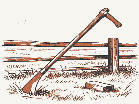 Decorative drawing: a long-bladed scythe with a curved wooden snath and two grips, its blade sweeping low,.... Not a photograph of this place.