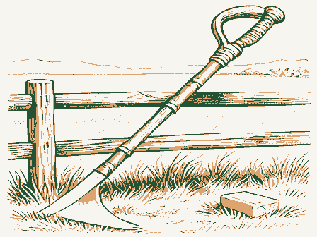 Decorative drawing: a long-bladed scythe with a curved wooden snath and two grips, its blade sweeping low,.... Not a photograph of this place.