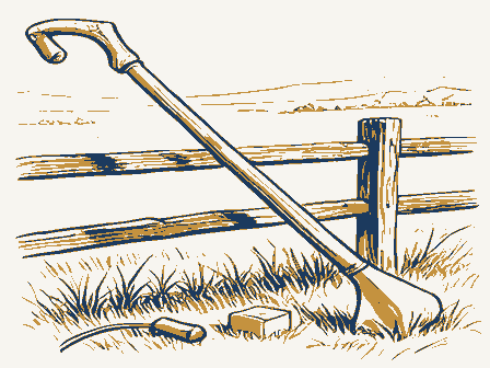 Decorative drawing: a long-bladed scythe with a curved wooden snath and two grips, its blade sweeping low,.... Not a photograph of this place.