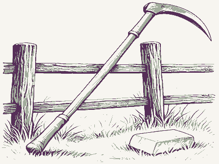 Decorative drawing: a long-bladed scythe with a curved wooden snath and two grips, its blade sweeping low,.... Not a photograph of this place.
