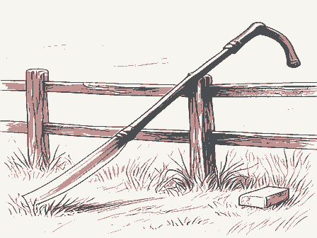 Decorative drawing: a long-bladed scythe with a curved wooden snath and two grips, its blade sweeping low,.... Not a photograph of this place.