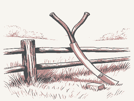 Decorative drawing: a long-bladed scythe with a curved wooden snath and two grips, its blade sweeping low,.... Not a photograph of this place.
